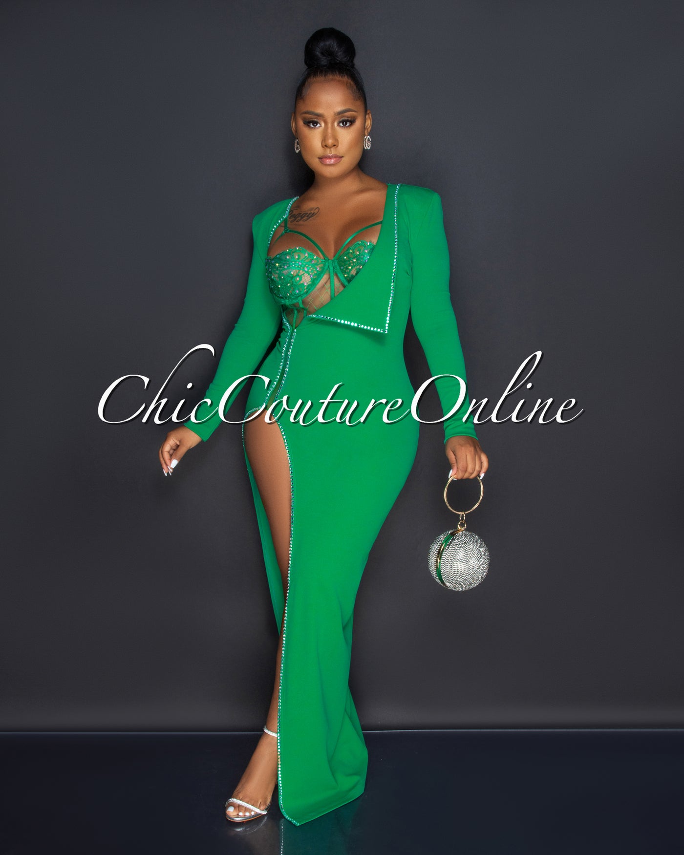 Marlinda Green Bodysuit Rhinestone Embellished Dress Set