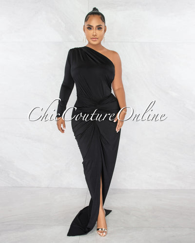 Kimber Black Single Shoulder Draped Maxi Dress