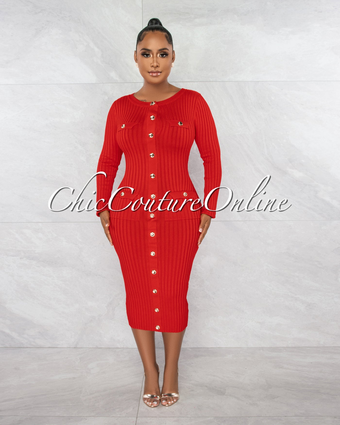 *Dayami Red Gold Snaps Ribbed Midi Dress