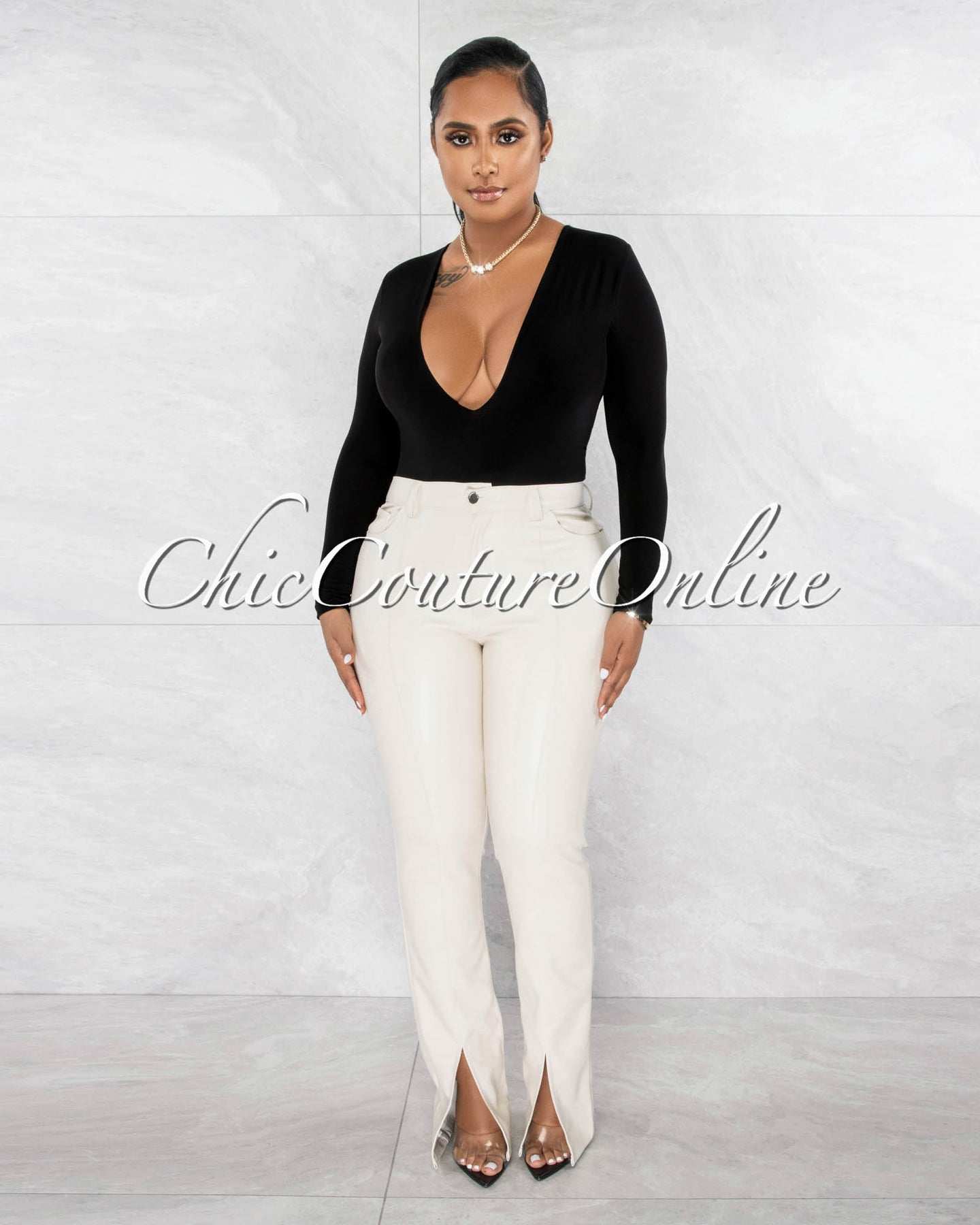 *Steeve Cream Vegan Leather Ankle Slit Pants