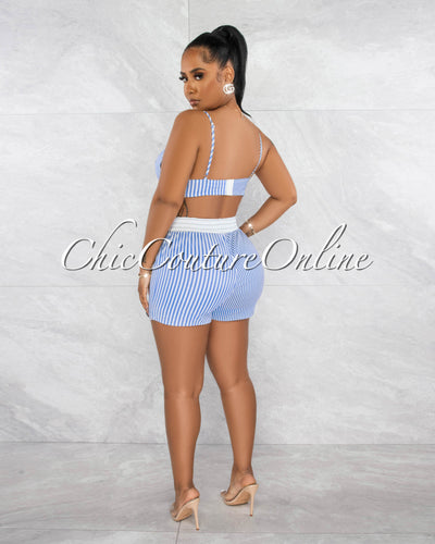 Jerrie White Blue Stripes Crop Top / Shirt & Shorts 3 Piece Set