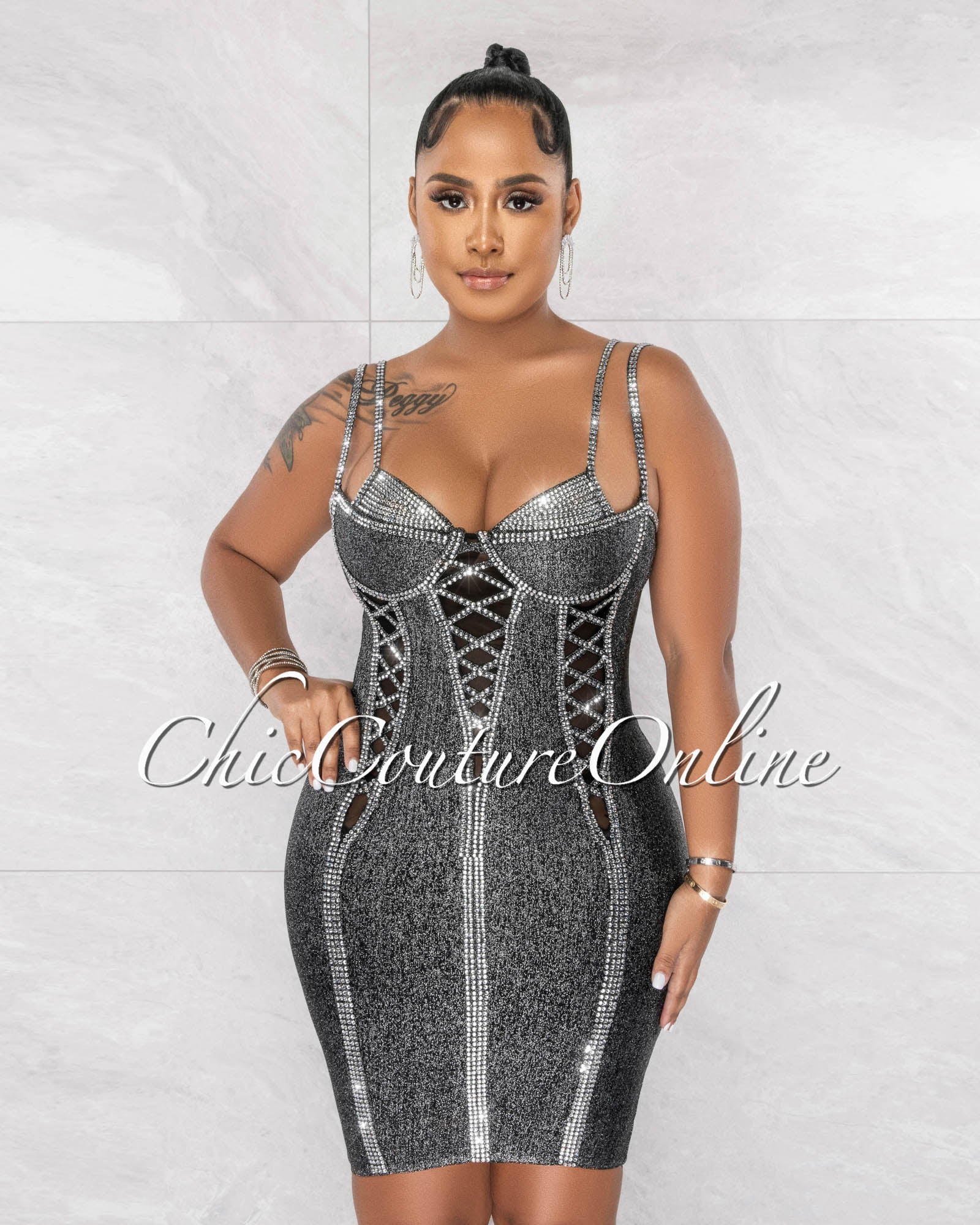 *Candis Black Silver Shimmer Rhinestones Bandage Dress