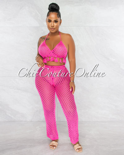 *Tessa Fuchsia Crochet Tassels Top & Pants Cover-Up Set