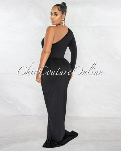 Kimber Black Single Shoulder Draped Maxi Dress