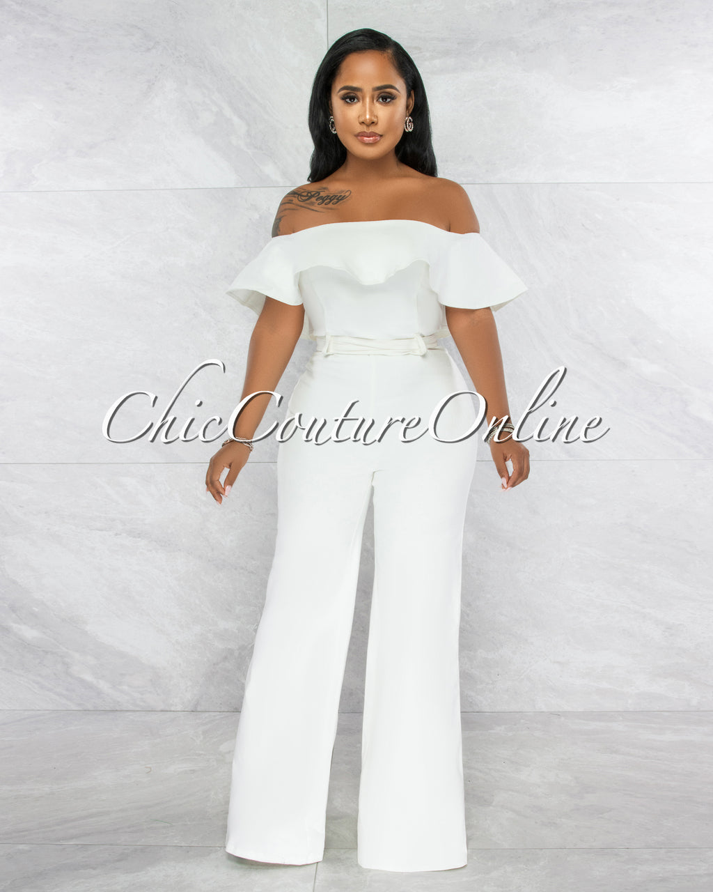 *Basler Off-White Denim Ruffle Off-The Shoulder Jumpsuit