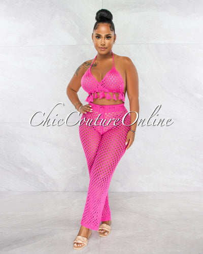 *Tessa Fuchsia Crochet Tassels Top & Pants Cover-Up Set