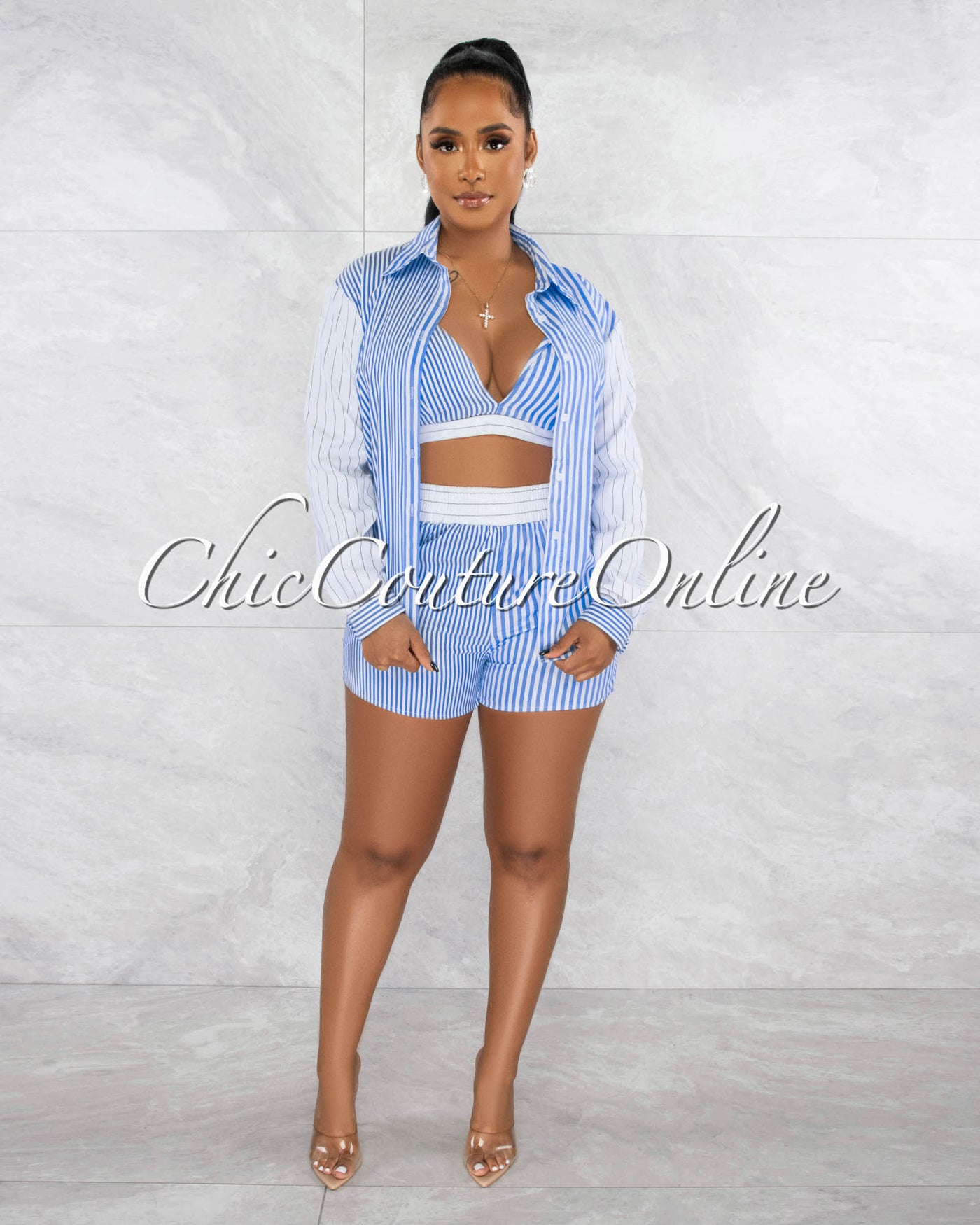Jerrie White Blue Stripes Crop Top / Shirt & Shorts 3 Piece Set
