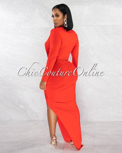 *Urania Tomato Cut-Out Waist Draped Maxi Dress