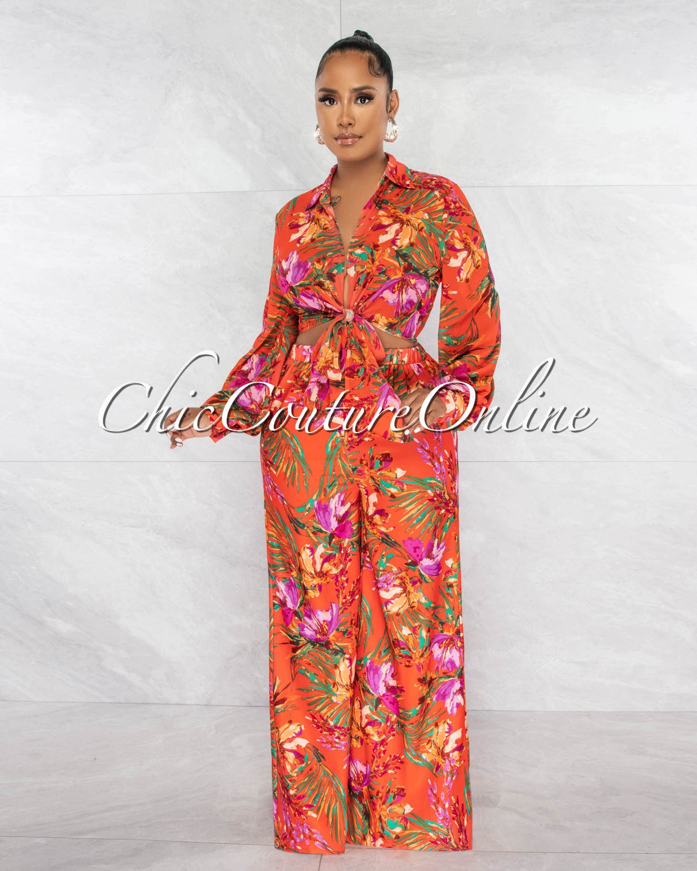 Barnes Orange Print Front Tie Top & Wide Pants Set