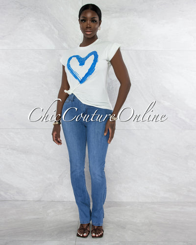 Farry White Blue Front Graphic Rhinestones T-Shirt