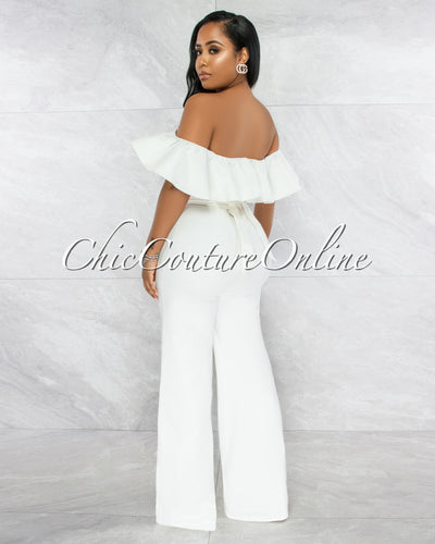 *Basler Off-White Denim Ruffle Off-The Shoulder Jumpsuit