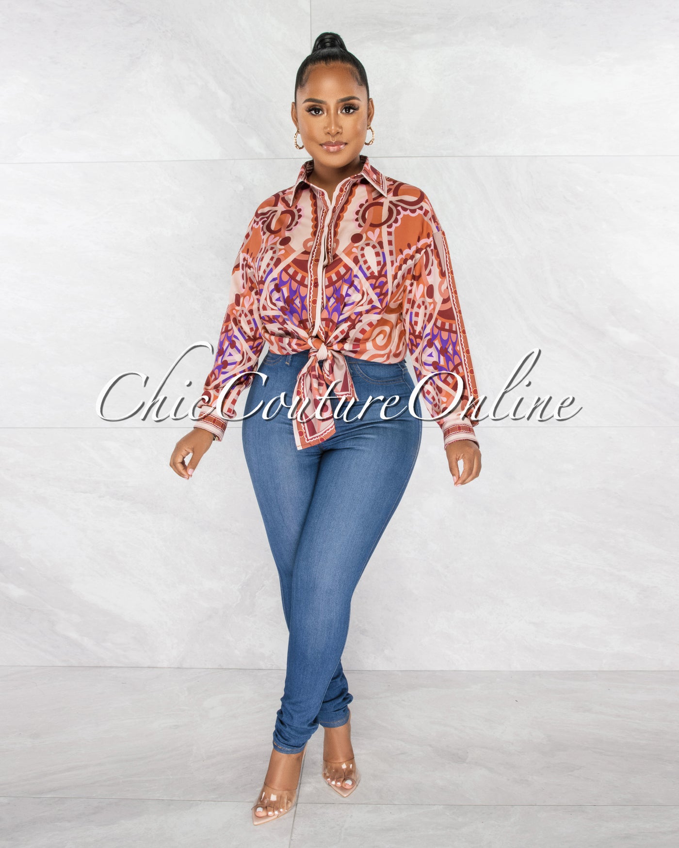Lorena Rust Multi-Color Print Buttoned Silky Blouse