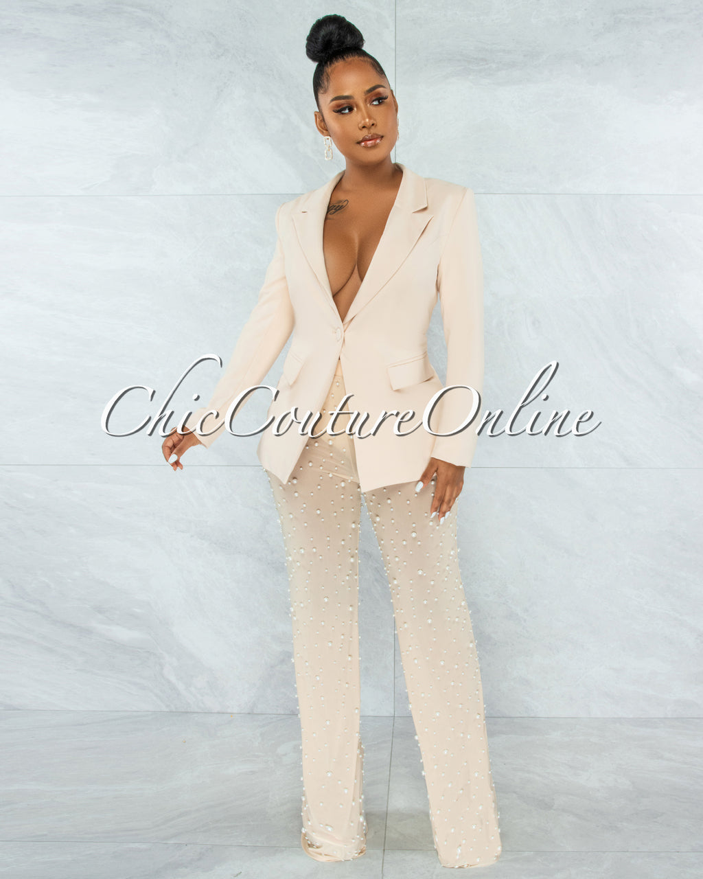 Alicia Nude Blazer & Mesh Pearl Pants Set – Chic Couture Online