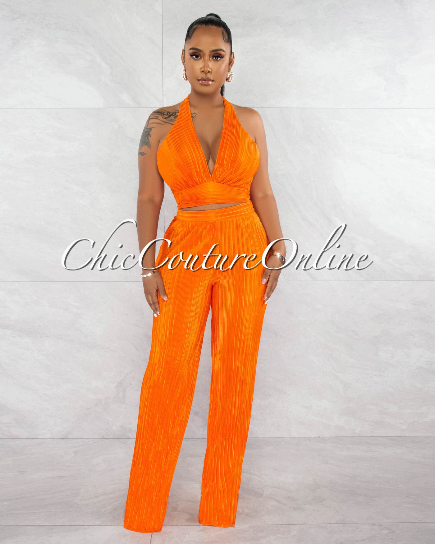 *Drexel Orange Ribbed Crop Top & Wide Pants Set