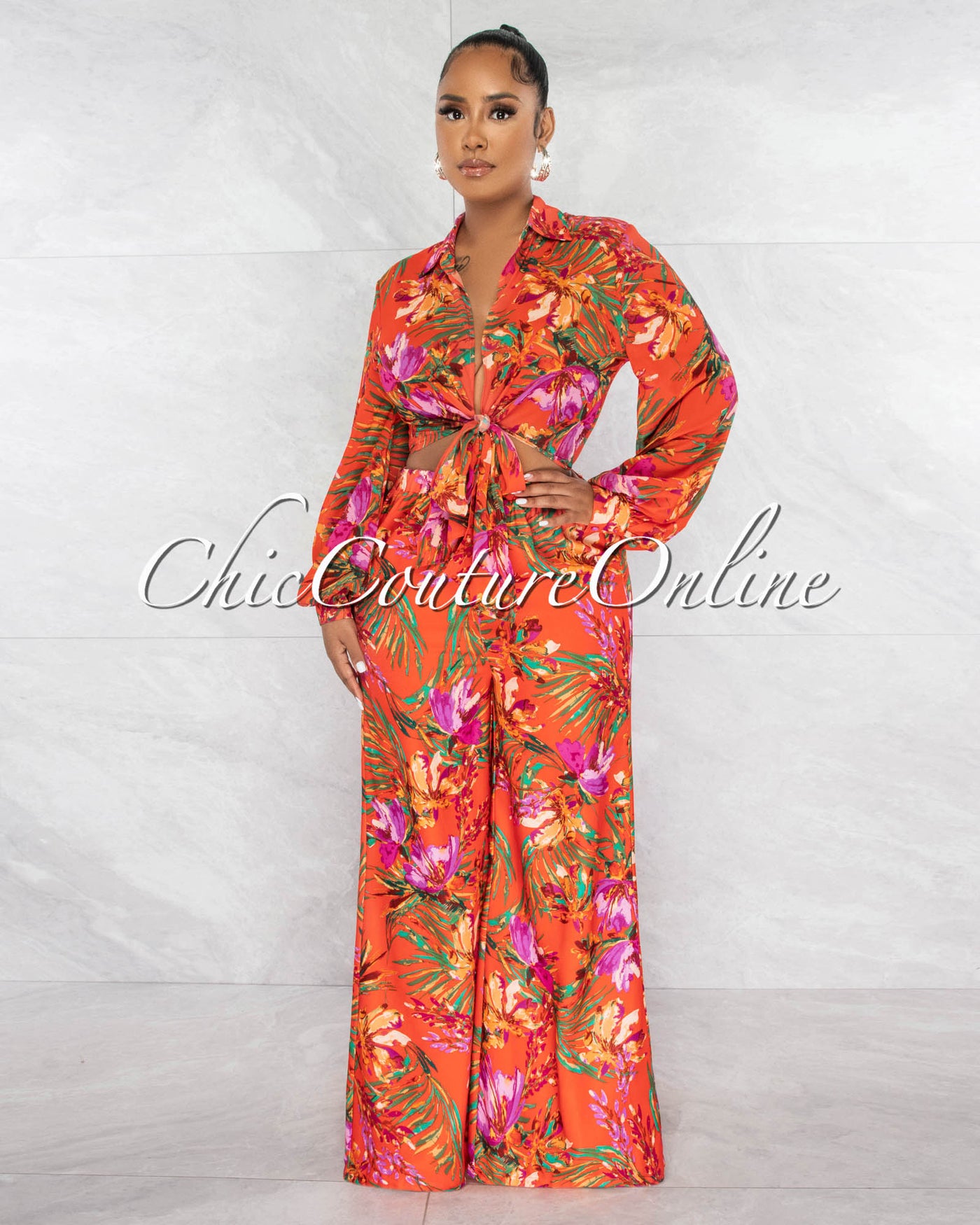 Barnes Orange Print Front Tie Top & Wide Pants Set