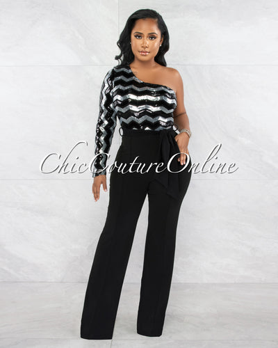 *Define Black Silver Chevron Sequins Single Sleeve Jumpsuit