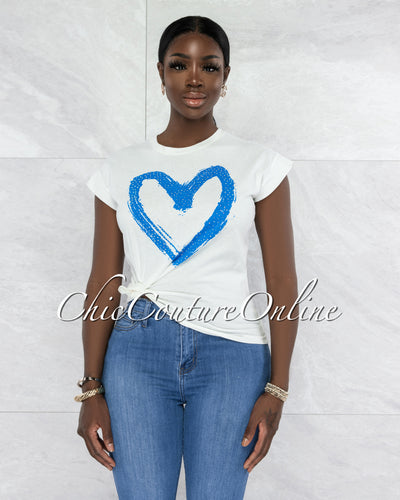 Farry White Blue Front Graphic Rhinestones T-Shirt