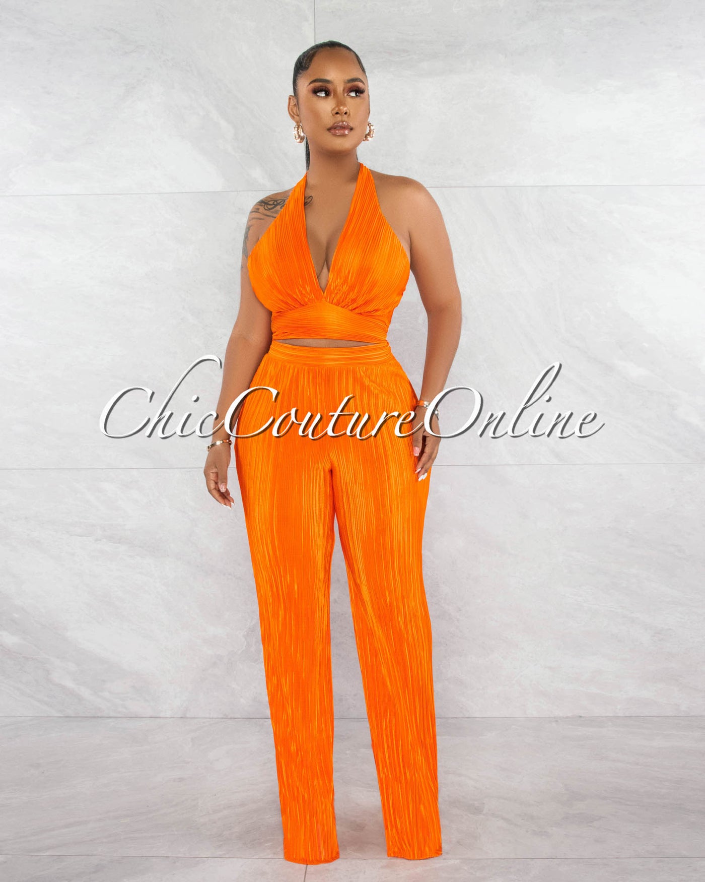 *Drexel Orange Ribbed Crop Top & Wide Pants Set