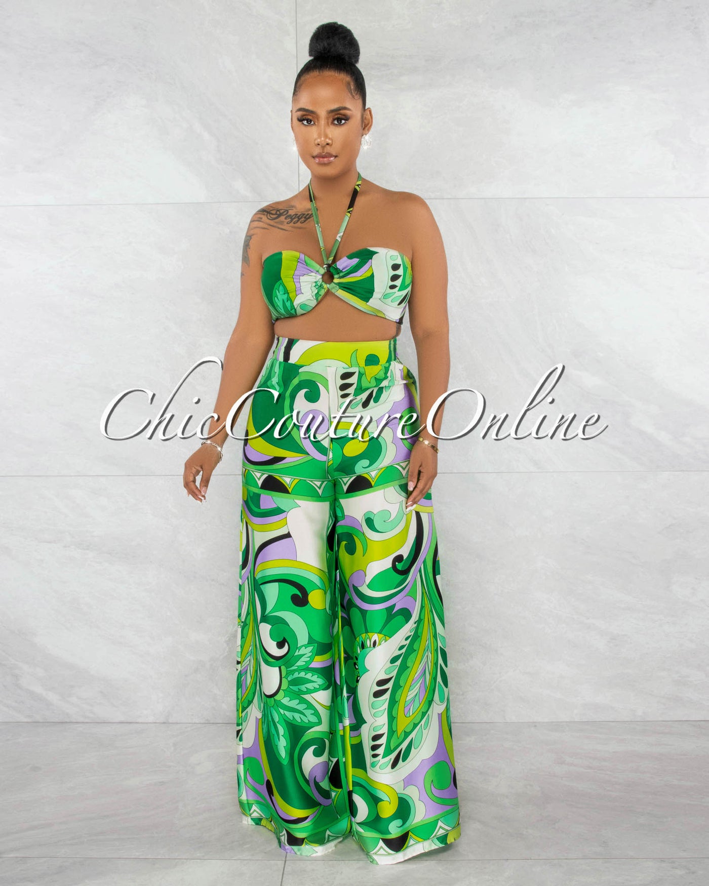 Kerta Green Multi-Color Print "O" Ring Top & Wide Pants Set