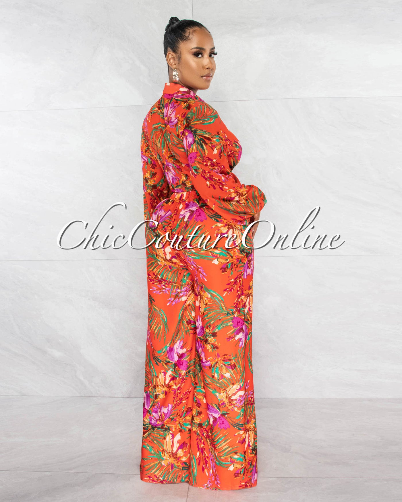 Barnes Orange Print Front Tie Top & Wide Pants Set