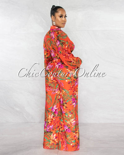 Barnes Orange Print Front Tie Top & Wide Pants Set