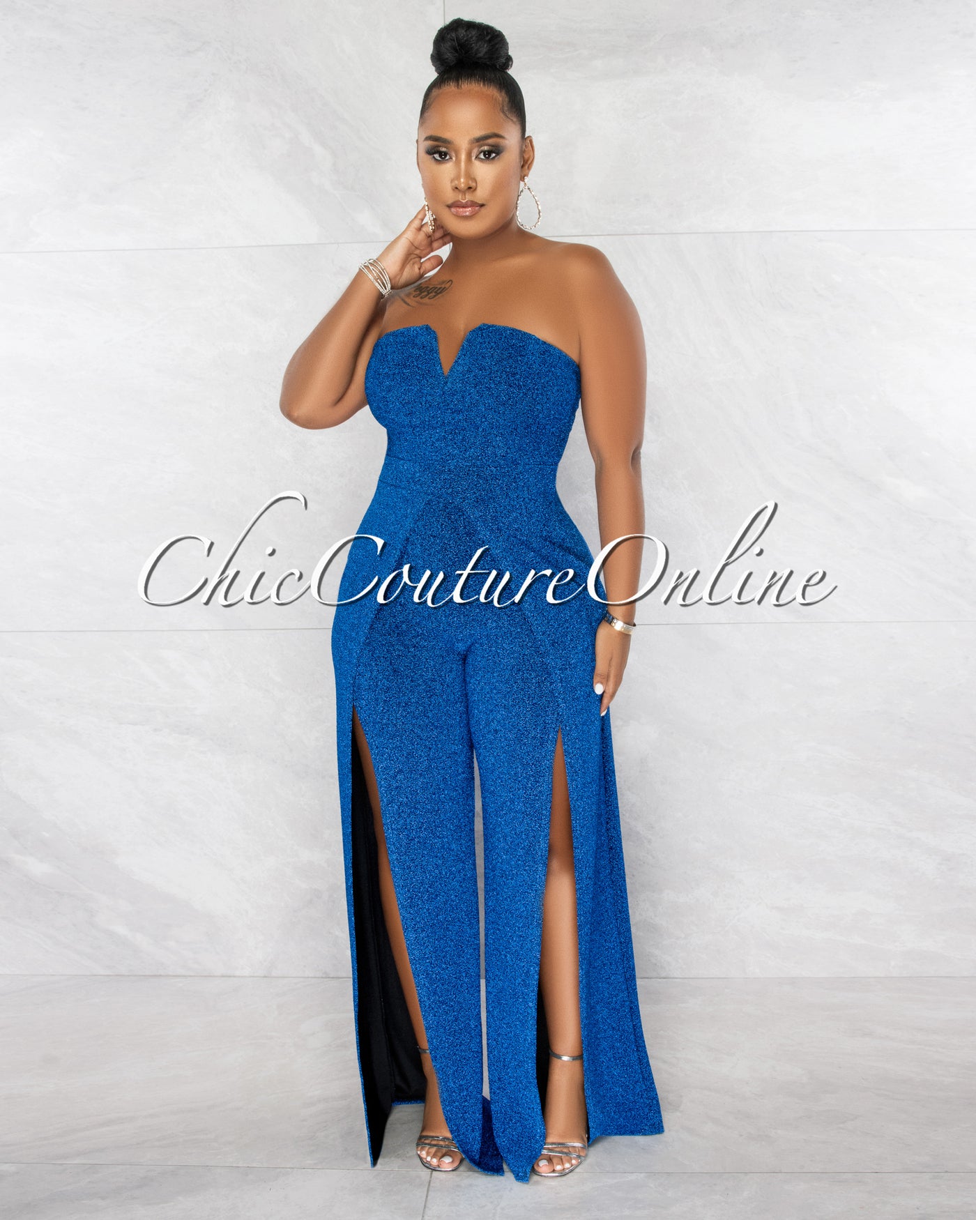 Katiana Royal Blue Shimmer Slit Legs Jumpsuit