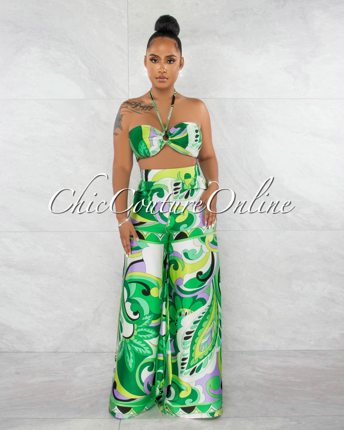 Kerta Green Multi-Color Print "O" Ring Top & Wide Pants Set