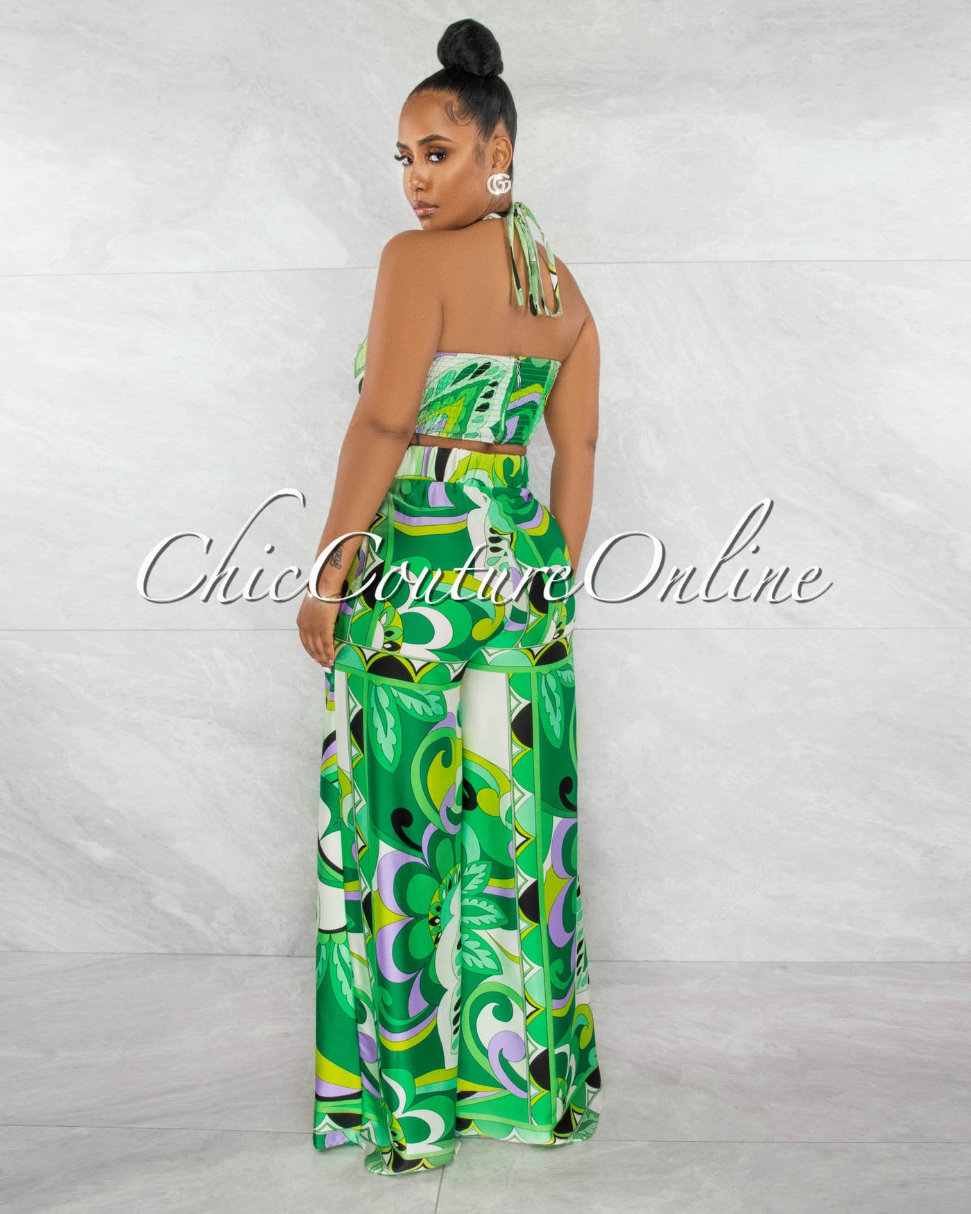 Kerta Green Multi-Color Print "O" Ring Top & Wide Pants Set