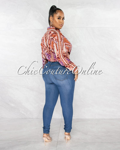 Lorena Rust Multi-Color Print Buttoned Silky Blouse
