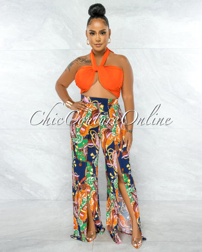*Carino Orange Multi-Way Top & Navy Print Slit Pants Set