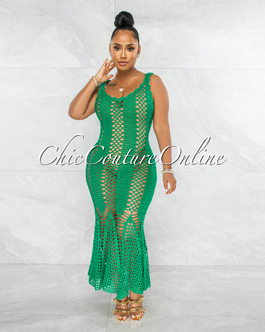 *Simoneta Emerald Green Crochet Cover-Up Maxi Dress