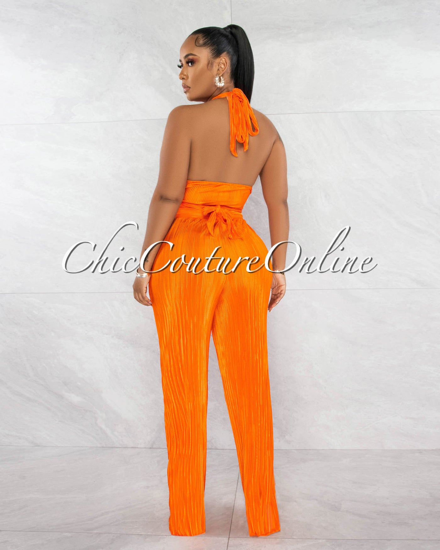 *Drexel Orange Ribbed Crop Top & Wide Pants Set