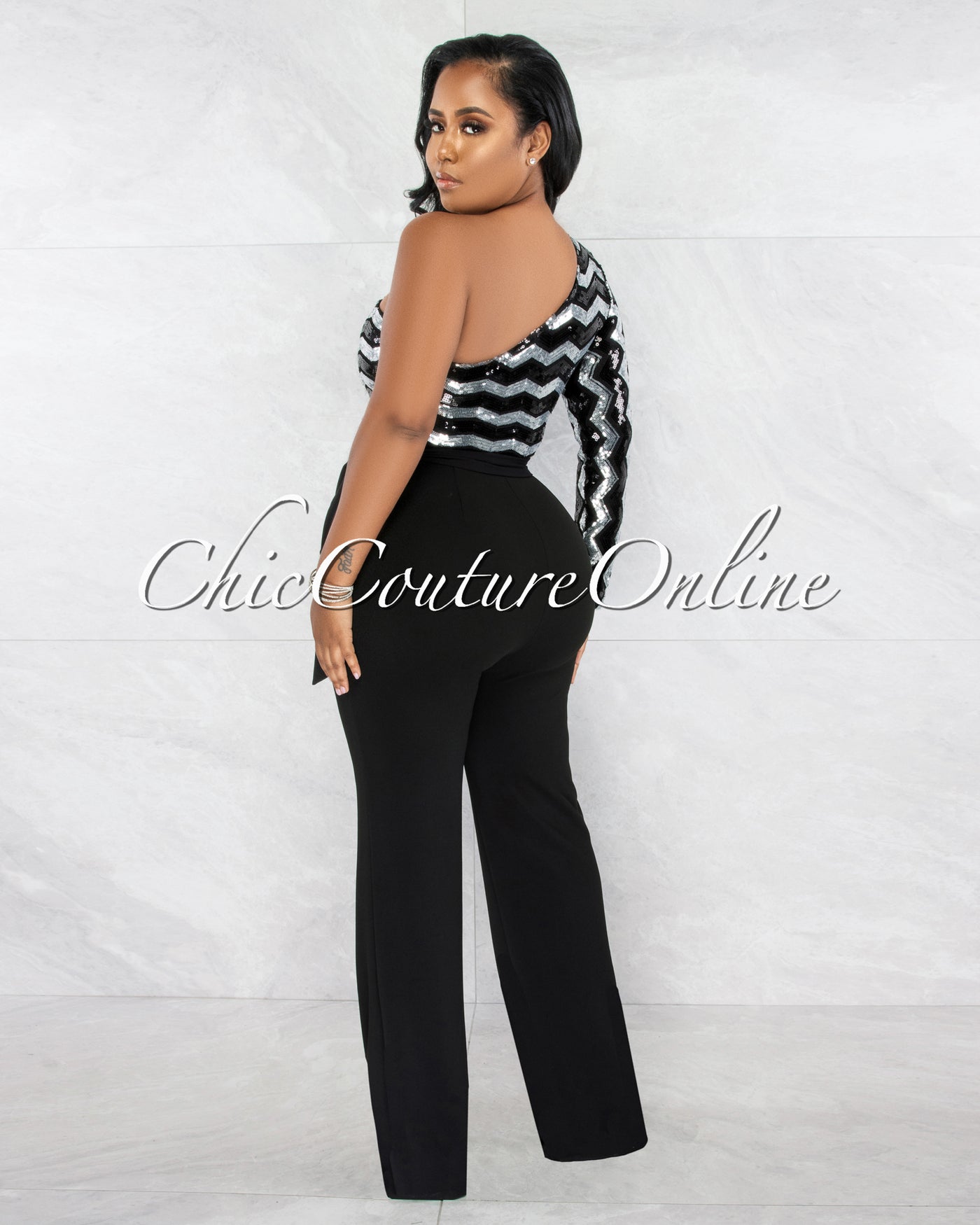 *Define Black Silver Chevron Sequins Single Sleeve Jumpsuit