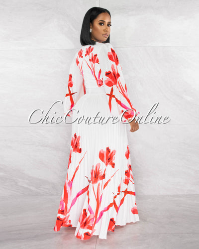 *Karola Off-White Red Print Long Sleeves Pleated Maxi Dress