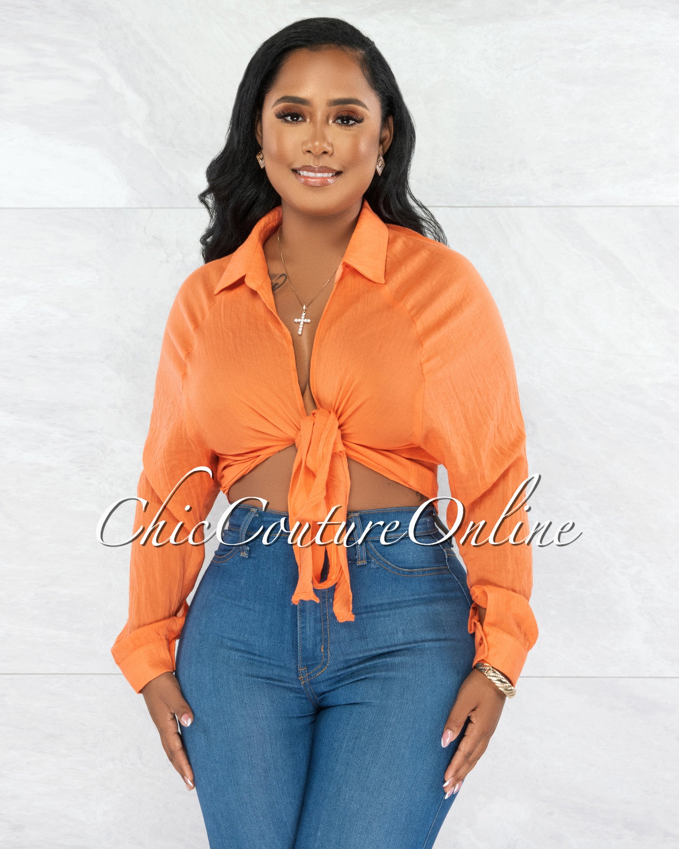 Karema Orange Semi-Sheer Self-Tie Crop Top
