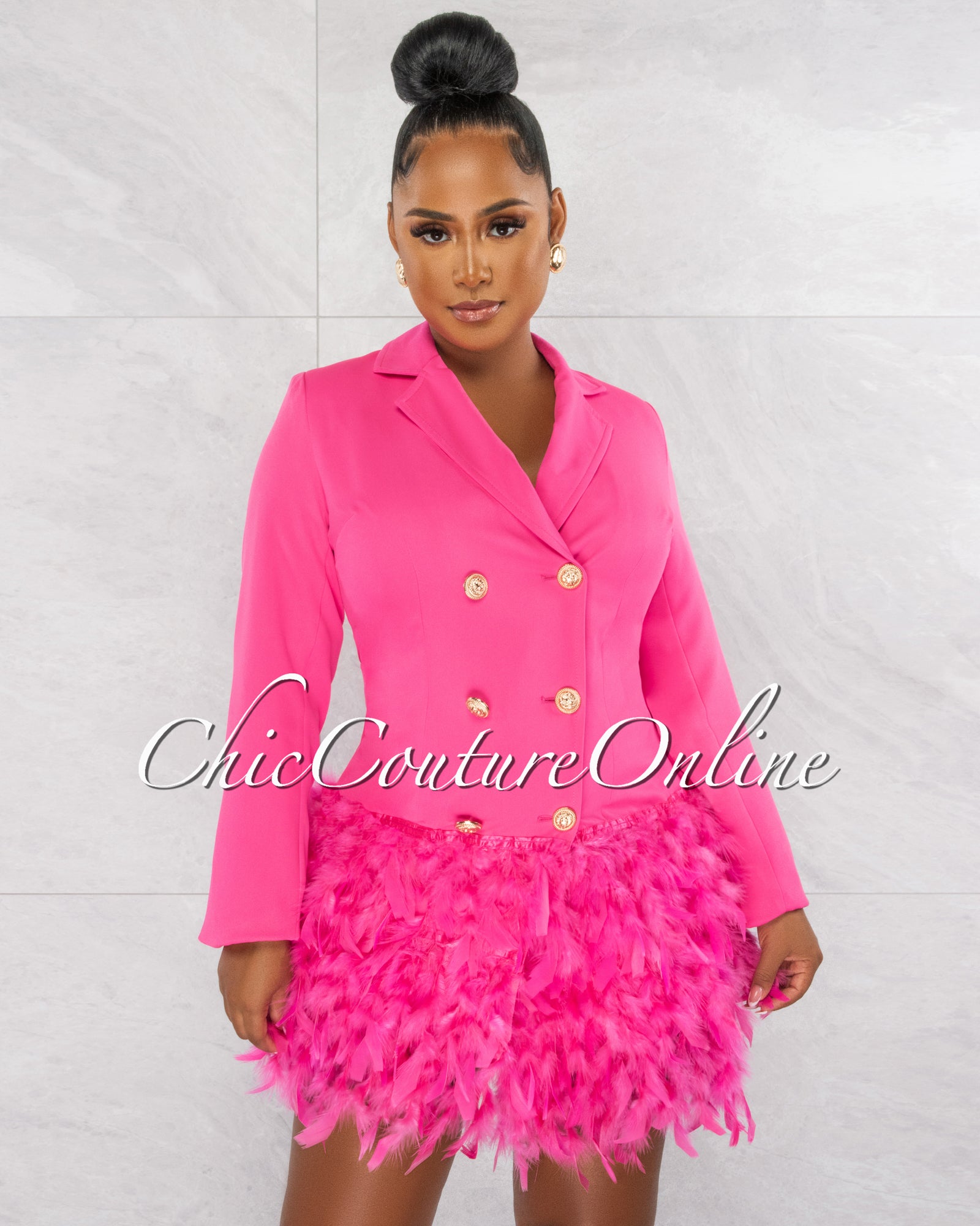 Thirza Hot Pink Gold Buttons Trench Feathers Hem Dress