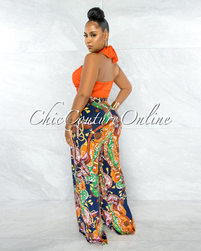 *Carino Orange Multi-Way Top & Navy Print Slit Pants Set