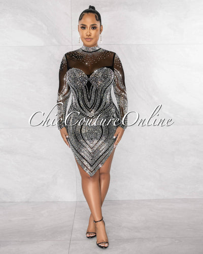 *Izaan Black Silver Rhinestones Mesh Asymmetrical Dress