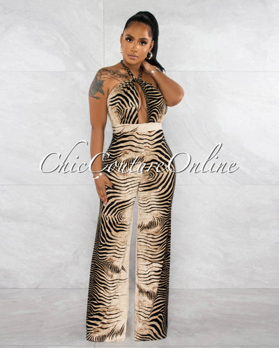 *Mercie Brown Black Zebra Print Halter Wide Legs Jumpsuit