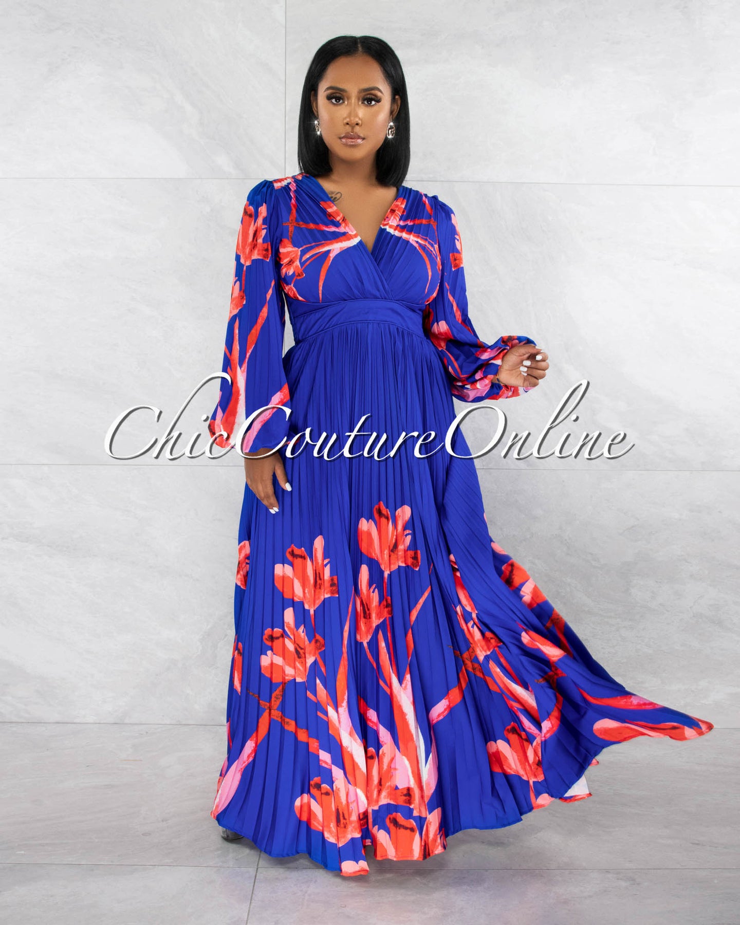Karola Blue Red Print Long Sleeves Pleated Maxi Dress – Chic Couture Online