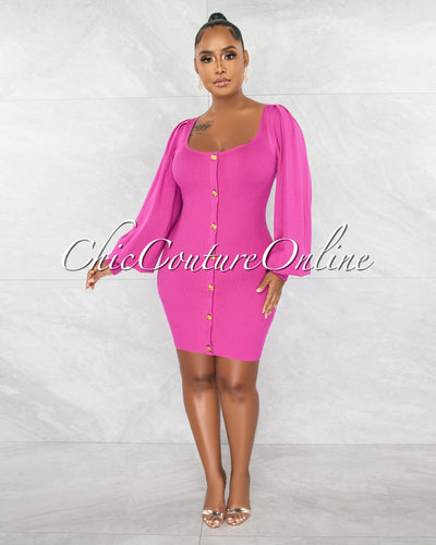 *Priscilla Fuchsia Gold Buttons Ribbed Dress