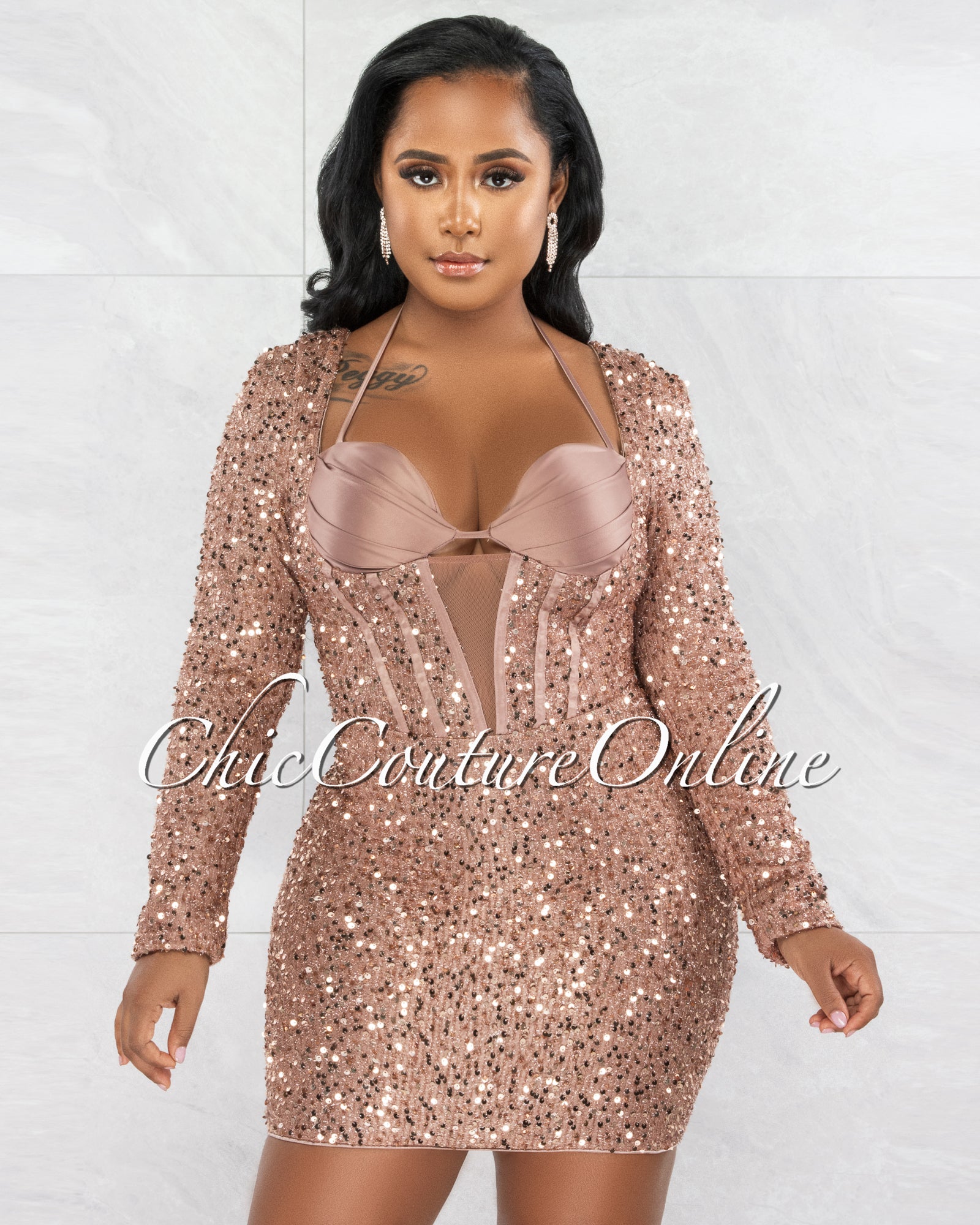 *Manasa Taupe Silky Bust Sequins Mini Dress