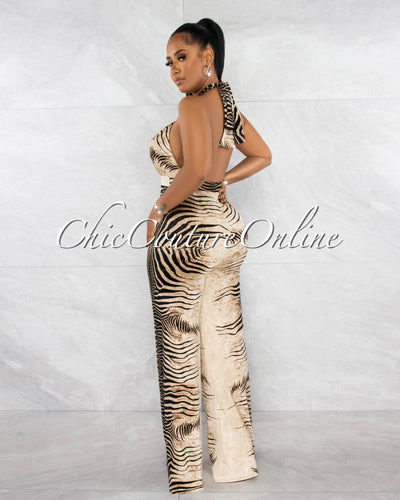 *Mercie Brown Black Zebra Print Halter Wide Legs Jumpsuit