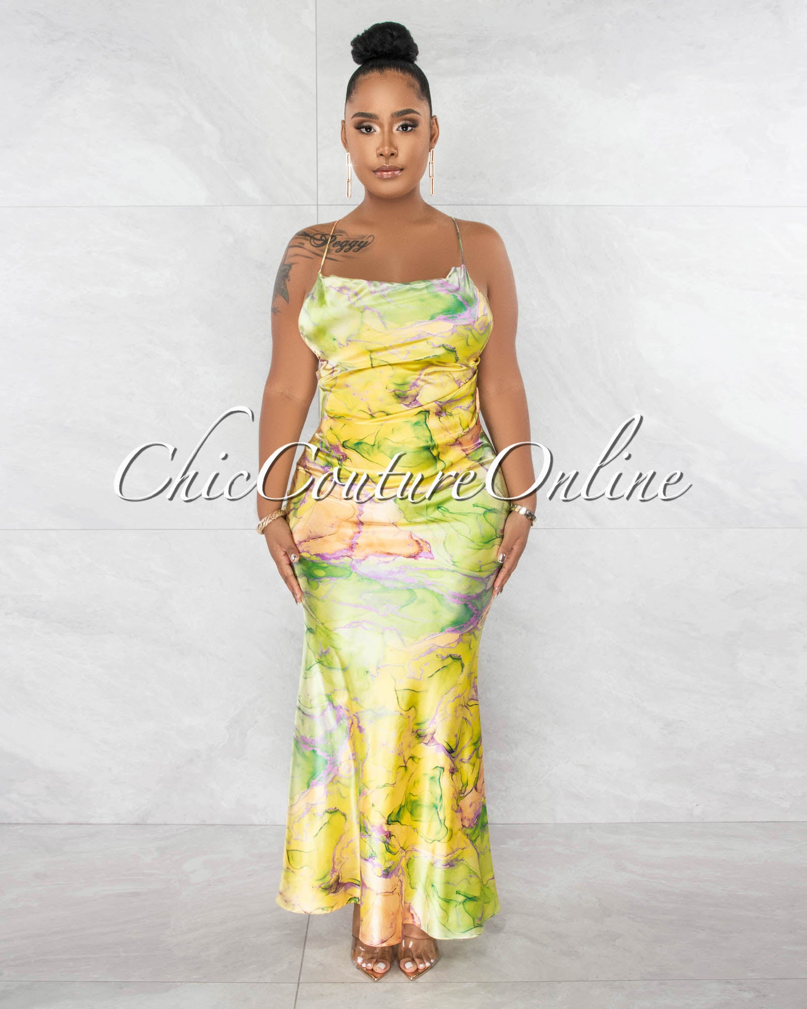 Goldie Lime Print Back Gold Link Self-Tie Silky Maxi Dress