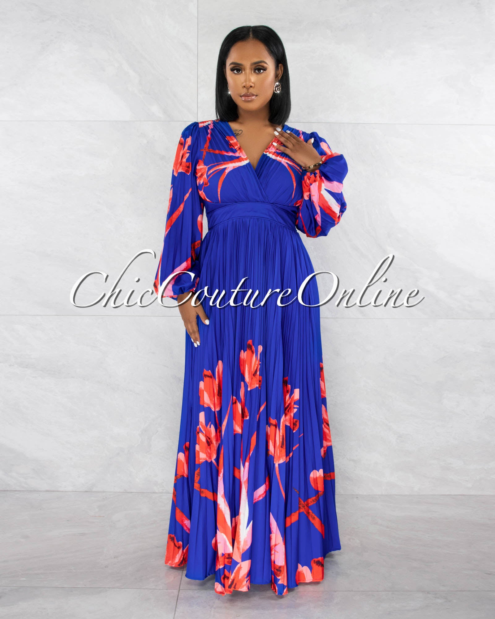 Karola Blue Red Print Long Sleeves Pleated Maxi Dress – Chic Couture Online