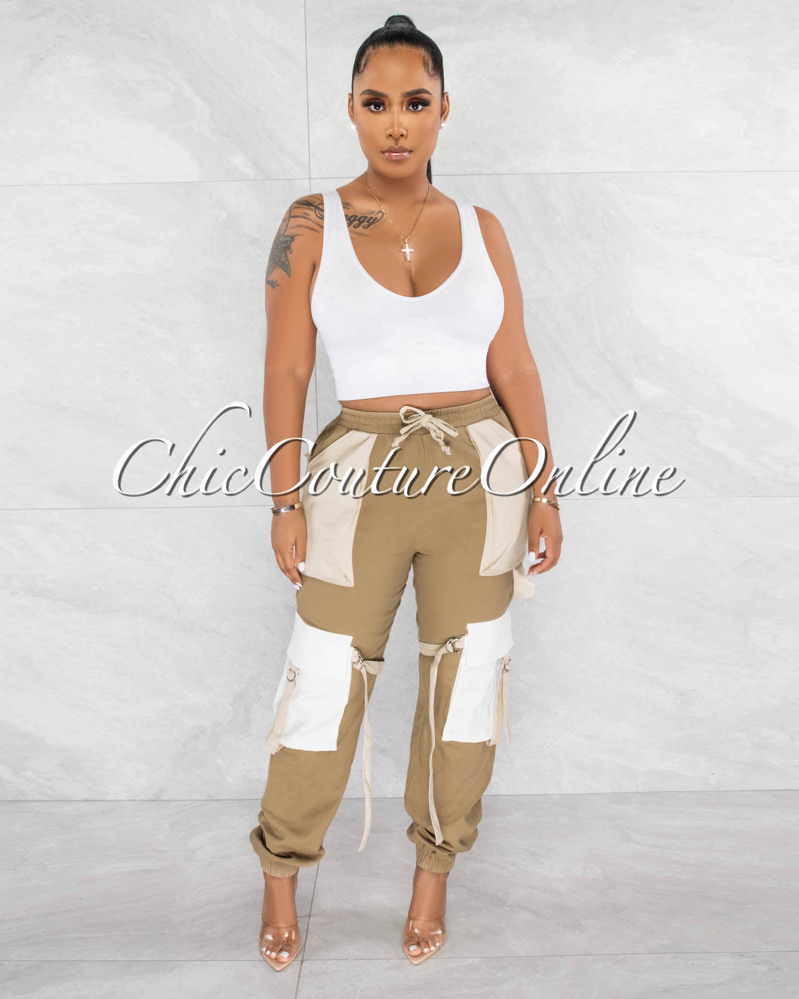 *Juniva Nude Tones Silver Buckles Cargo Jogger Pants