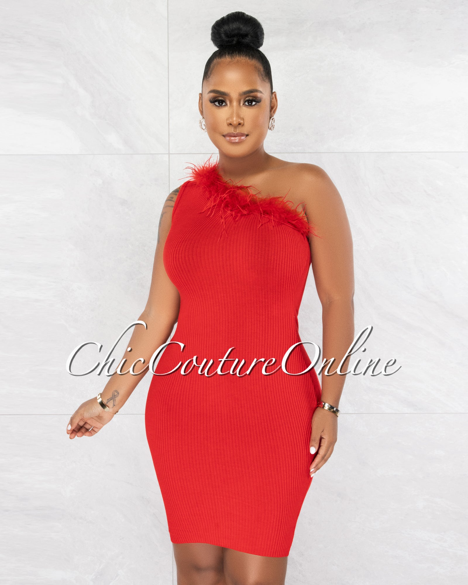 *Rawnie Red Feather Neckline Single Shoulder Ribbed Dress