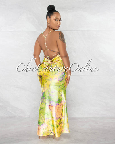 Goldie Lime Print Back Gold Link Self-Tie Silky Maxi Dress