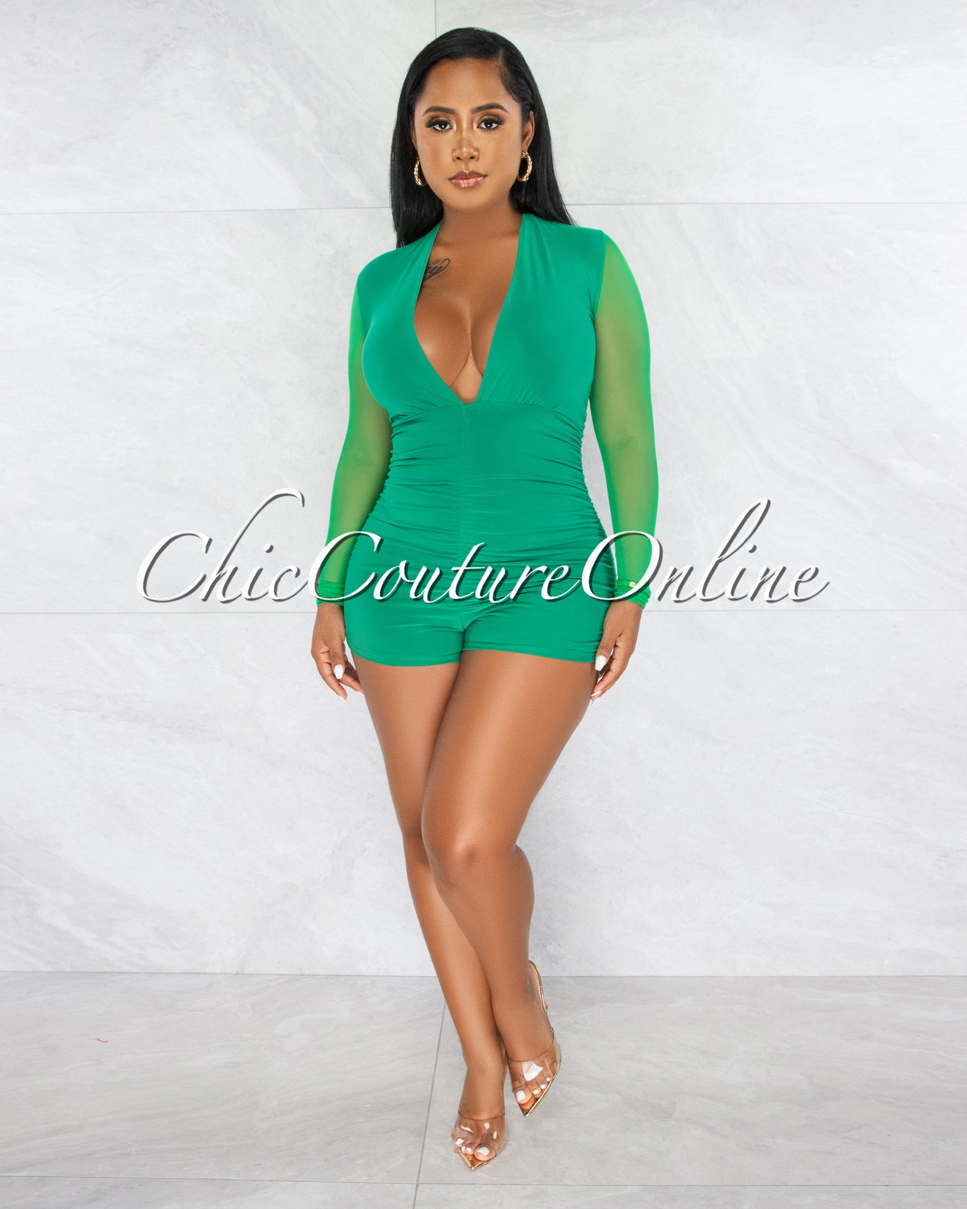 *Sicily Green Mesh Long Sleeves Ruched Romper