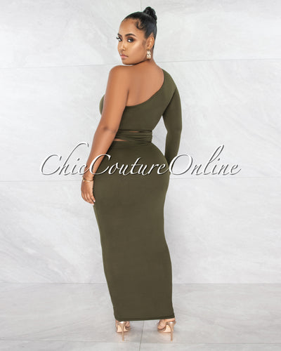 Yaffia Olive Green Single Sleeve Waist Tie Maxi Dress